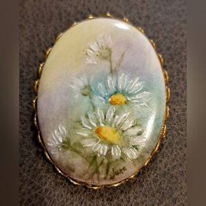 Vintage Gorgeous Porcelain Hand Painted Flower Oval Brooch Floral Pin 2” By 1.5”